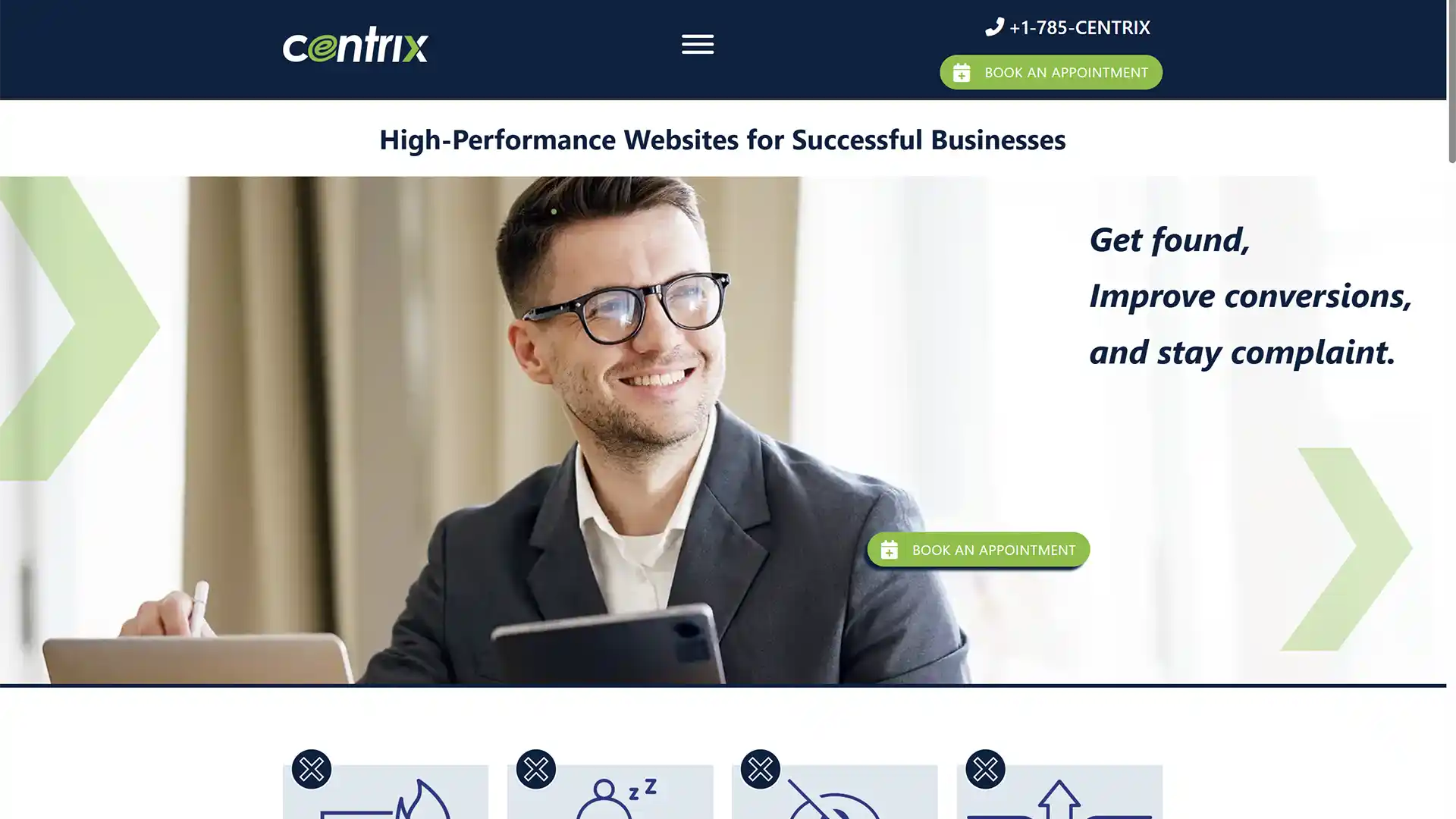 Smiling executive male seeing ADA-compliant website design in Centrix homepage